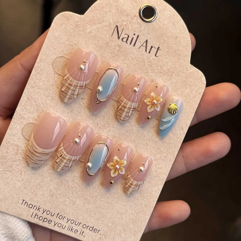 Press On Nails 3D Sea Shell Artificial Pearls Flower Decor Resin Almond Shape Gradient Pink Blue French Style Summer Beach Vacation