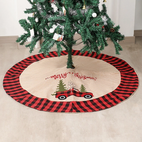 Gonna Per Albero Di Natale Bordo A Quadretti Lino Camion Rosso Ricamo Rotonda Decorazione Festiva Rustica
