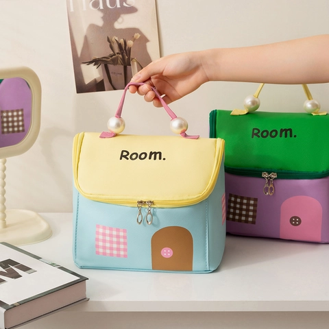 Borsa Da Trucco A Forma Di Casa Pelle PU Organizzatore Cosmetico Portatile Manico Di Perla Artificial Creativo Impermeabile Donna