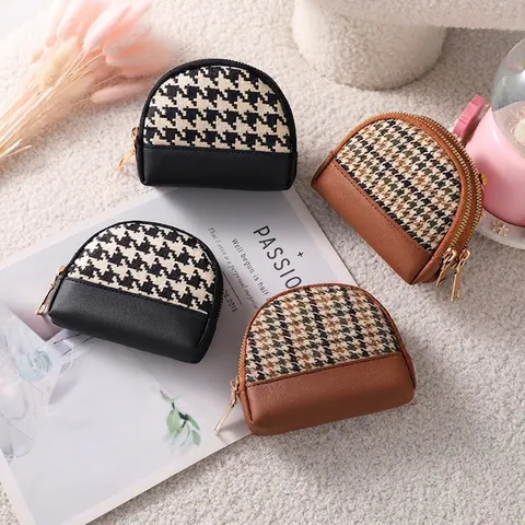 Mini Munthouder Kleine Portemonnee Vrouwen Stof Houndstooth PU Leder Ritszakje Met Sleutelhanger Voor Kaart Lippenstift Organizer