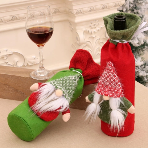 Housses De Bouteille De Vin De Noël Gnome Tomte Barbe Tresse Décor Tricoté Tissu Feutre Table De Dîner Fête Rouge Vert