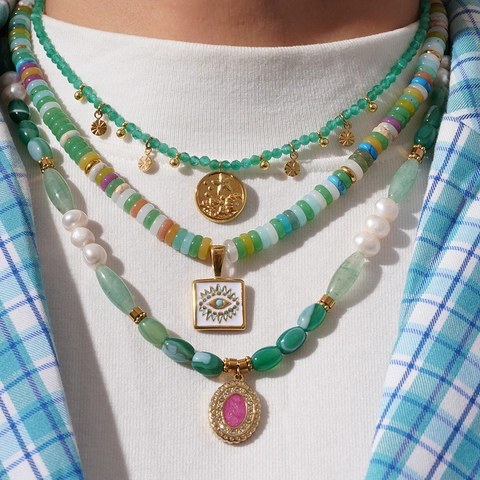Collier Multicouche Bohème Pierre Naturelle Perle Eau Douce Acier Inoxydable Pendentif Mauvais Œil Bijoux Mode Femmes