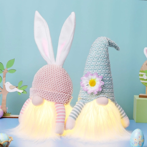 Adornos De Gnomo De Pascua Led Luminoso Muñeca Sin Cara Peluche Punto Orejas De Conejo Flor Decoración Del Hogar Escritorio