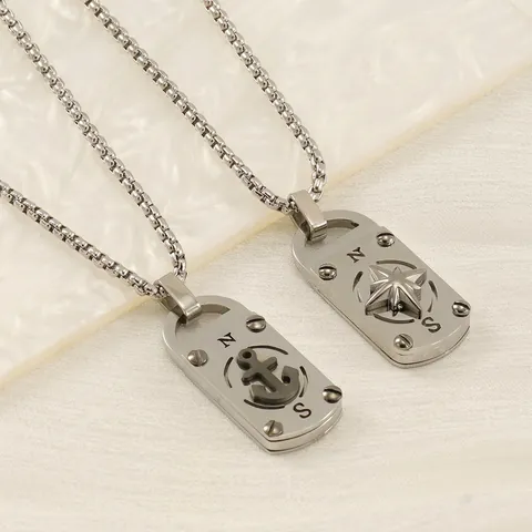 Compass Anchor Pendant Necklace Stainless Steel Vintage Industrial Hip Hop Square Tag Jewelry For Men