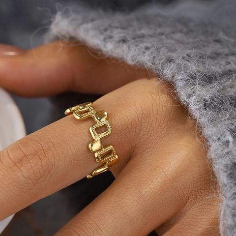 Anello Regolabile Geometrico Placcato Oro 18K Acciaio Inossidabile Maglia Cava Gioielli Minimalisti Moderni Di Tendenza Donna