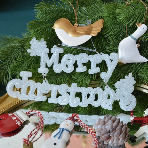 Targa Appesa Merry Christmas Ornamenti Glitter Traforato Resina Plastica Per Albero Di Natale Decorazione