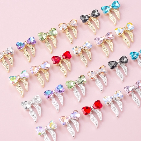 Alloy Bowknot Nail Art Charms Heart Rhinestone Bow Tie Decoration With Streamer 3D Manicure DIY Jewelry Accessories