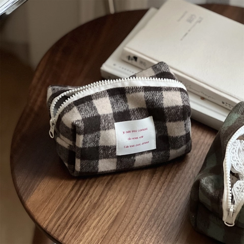 Trousse De Maquillage Vintage En Laine À Carreaux Petit Sac À Cosmétiques Avec Doublure En Toile Fermeture Éclair