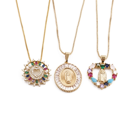 Heart Virgin Mary Pendant Necklace Copper With Colored Zircon Box Chain Gold Plated Religious Jewelry For Women