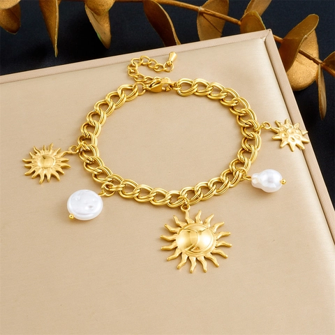 Vintage Gold Plated Stainless Steel Bracelet With Sun Moon Charms And Irregular Artificial Pearls For Women Fashion Jewelry
