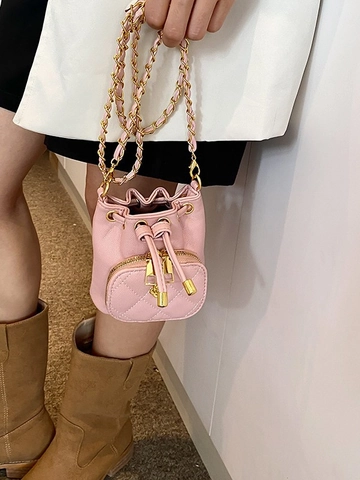 Mini Bucket Bag Quilted PU Leather Denim Woven Chain Strap Drawstring Camellia Flower Decor Shoulder Crossbody For Girls