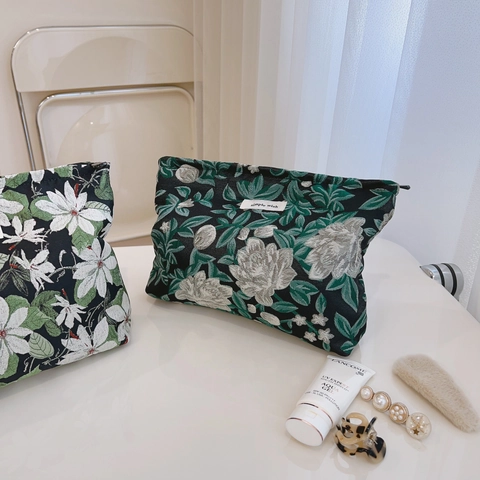 Pochette Jacquard Fleurie Vintage Trousse De Maquillage Doublure En Toile Sac À Main Zippé Pour Femme Élégant