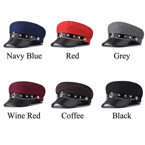Vintage Seemannsmütze Für Damen Fiddler Cap Mit PU Lederkrempe Metallkette Silberner Anker Anhänger Militär Mode