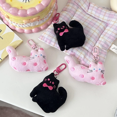 Porte-Clés Chat En Peluche Mignon Petit Chaton Dessin Animé Charme De Sac Avec Fermoir Mousqueton Rose Pour Filles Rose À Pois Et Nœud Noir