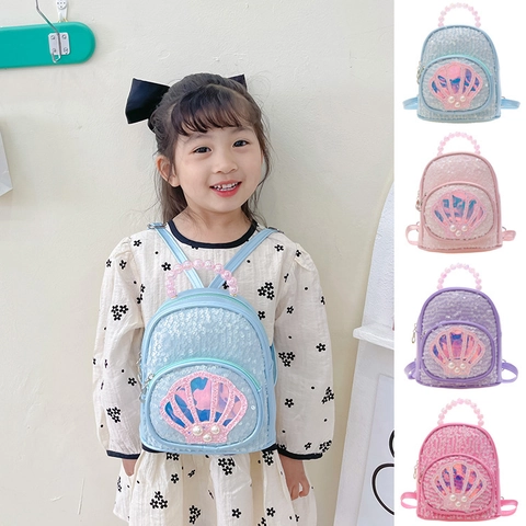 Mini Zaino Bambini Paillettes Motivo Conchiglia Manico Perla Artificiale Borsa Moda Viaggio Per Ragazze