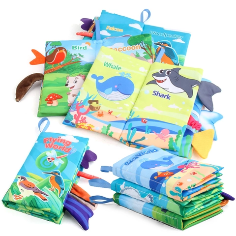Baby Cloth Book With 3D Animal Tails Crinkle Paper Early Educational Sensory Toy Soft Polyester Fabric Washable Newborn