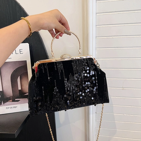 Elegant Women Sequin Evening Clutch Bag With Metal Handle And Rhinestone Clasp Small Square Banquet Party Shoulder Bag