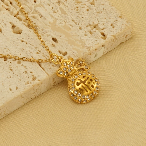 Collana Pendente Borsa Della Fortuna Acciaio Inossidabile Placcato Oro 18K Strass Carattere Fu Gioielli Per Le Donne