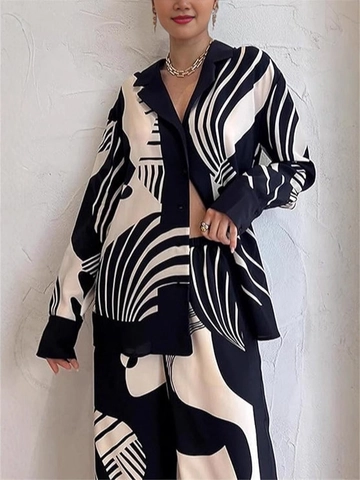 Abbigliamento Donna Con Stampa Geometrica Astratta Camicia Abbottonata A Maniche Lunghe E Pantaloni A Gambα Larga Setosi