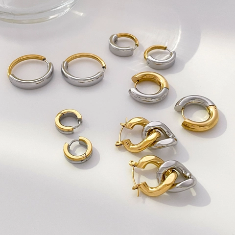 Boucles d'Oreilles Créoles en Acier Titane Bicolore Plaqué Or Argent pour Femmes Bijoux de Boucles d'Oreilles Maillons de Chaîne Géométriques Minimalistes