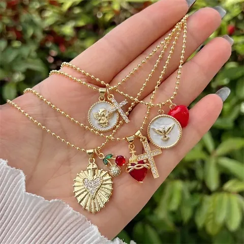 Collana In Rame Placcato Oro 18K Catena A Sfere Con Pendenti Angelo Croce Cuore Zirconia Gioielli Da Donna