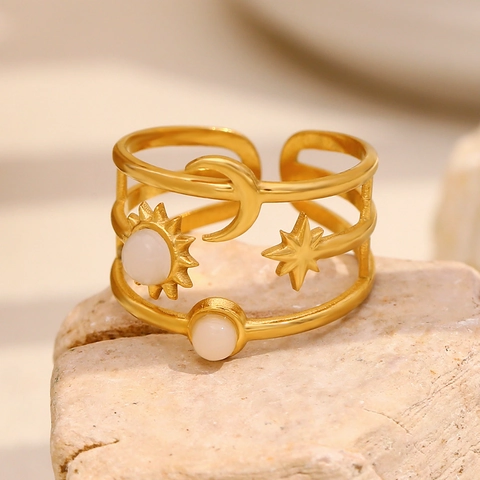 Celestial Open Ring 18K Gold Plated Stainless Steel Adjustable Sun Moon Star Design With White Stones