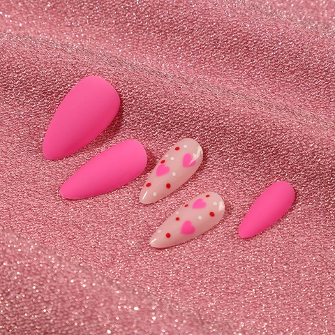Matte Magenta Mandel Aufpressnägel Valentin Herz Punkt Design Künstliche Fingernägel Für Frauen