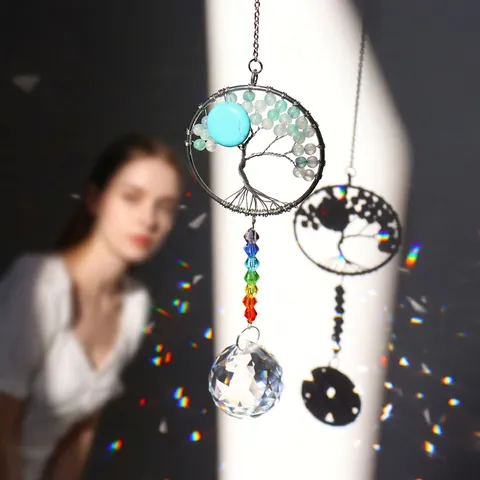 Tree Of Life Suncatcher Handmade Wire Wrapped Crystal Hanging Ornament For Window Garden Rainbow Prism Decor Chakra Beads