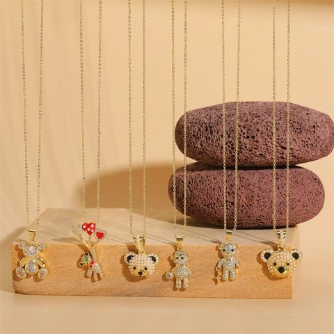 14K Gold Plated Copper Bear Pendant Necklace With Zirconia Artificial Pearl Enamel Drip Oil Choker Fashion Jewelry For Women