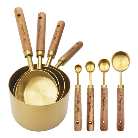 Measuring Cups And Spoons Stainless Steel Acacia Wood Handle Engraved Scale Kitchen Baking Tools Professional