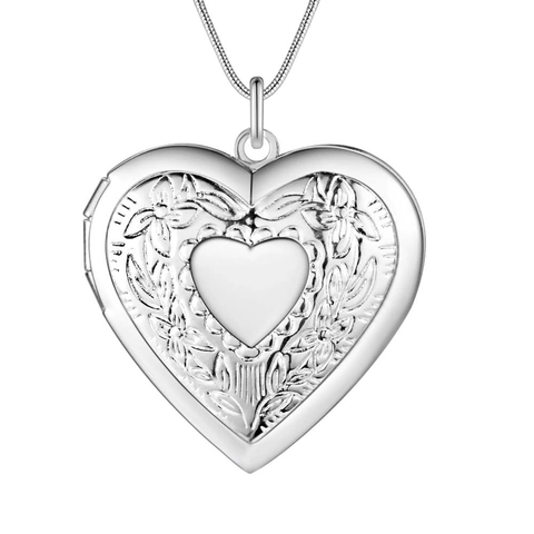 Collier Médaillon Cœur Vintage Cuivre Plaqué Argent 925 Gravé Fleurs Porte-Photo Chaîne Serpent Bijoux Femmes
