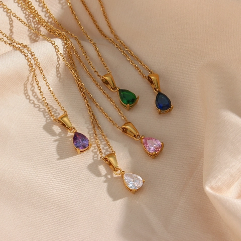 Wassertropfen Zirkonia Anhänger Halskette Edelstahl 18K Vergoldet Elegante Einfache Schlüsselbeinkette Schmuck Für Damen