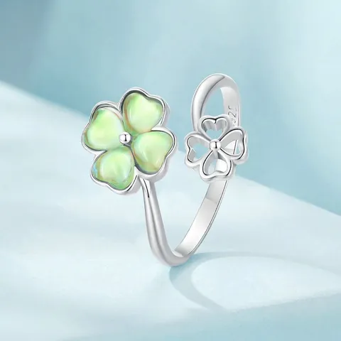 925 Sterling Silver Four Leaf Clover Open Ring For Women Adjustable Lucky Green Stone Hollow Out Fashion Finger Jewelry