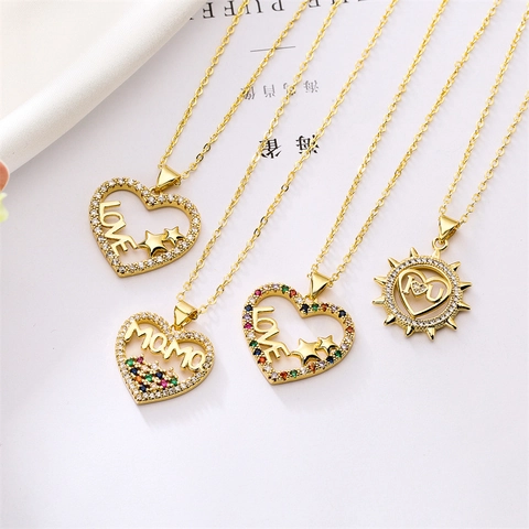 Heart Pendant Necklace Copper Colorful Zircon Mom Love Letter Fashion Jewelry Gift For Women