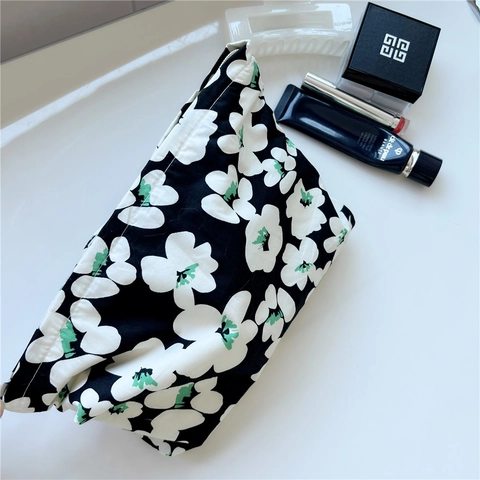 Floraler Print Baumwolle Canvas Kosmetiktasche Vintage Make Up Beutel Damen Ästhetik Reise Lagerung Reißverschluss Tasche
