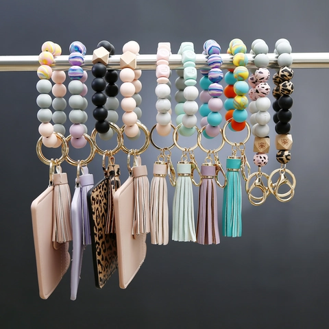 Portachiavi A Bracciale Con Perline Di Silicone E Porta Carte In Pelle PU Portafoglio Nappina Anello Chiave Donna Moda