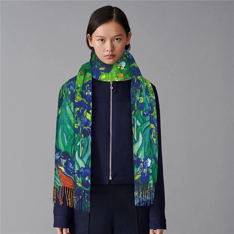 Van Gogh Oil Painting Irises Print Scarf For Women Long Winter Warm Pashmina Style Shawl With Tassels Artistic Wrap