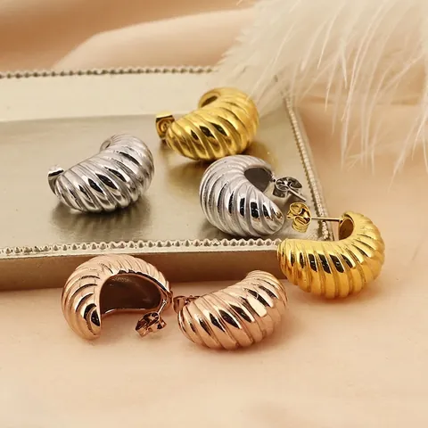 Orecchini A Cerchio Con Texture Croissant Acciaio Inossidabile Placcato Oro 18K Stile Retro Francese Per Donna
