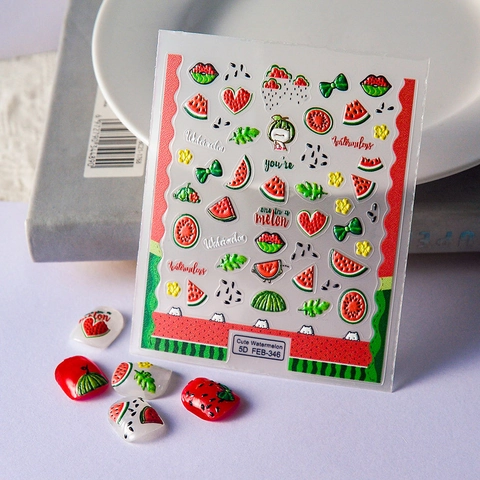 Nail Art Stickers 5D Relief Summer Fruit Watermelon Strawberry Cherry Self Adhesive Cute Cartoon Decorations For Women