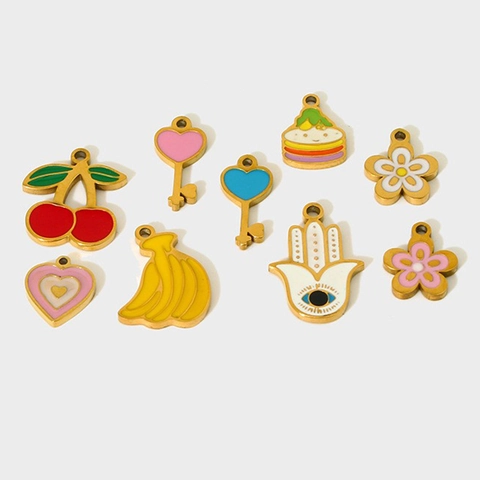 Stainless Steel Enamel Charms Colorful Drip Oil Fruit Flower Heart Key Pendants For DIY Jewelry Making Crafts