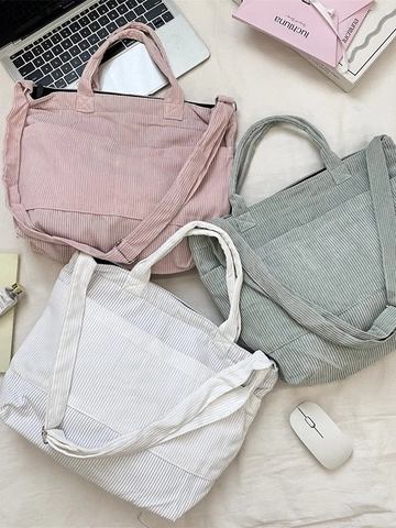 Bolso Tote De Pana De Gran Capacidad Para Mujer Casual Retro Color Sólido Bolso De Hombro Con Bolsillo Exterior Cremallera