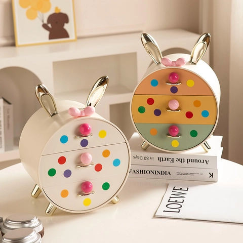 Kawaii Rabbit Desktop Storage Box Multi Layer Drawer Organizer For Stationery Jewelry Cosmetics Cute 3D Stickers Plastic ABS