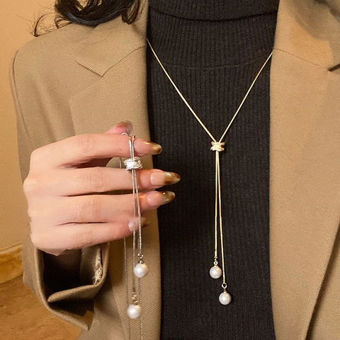 Collana Lariat Lunga A Forma Di Y Con Perla Artificial Sintetica Rame Cursore In Zircone Regolabile Gioielli Minimalisti Eleganti Per Donna