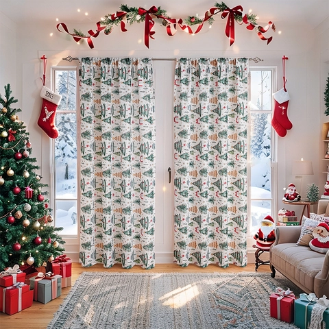 Christmas Printed Curtains Polyester Semi Blackout Festive Tree Santa Snowman Pattern For Living Room Bedroom Holiday Decoration