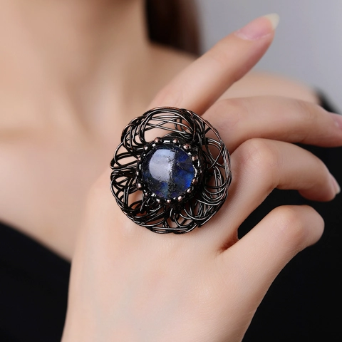Natural Labradorite Adjustable Ring Handmade Wire Wrapped Bird Nest Antique Copper Retro Gothic Statement Jewelry For Women Men