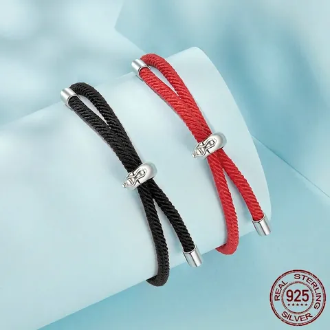 925 Sterling Silver Braided Rope Bracelet Adjustable Woven Cord DIY Basic Jewelry Red Black For Men Women