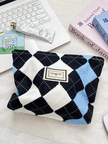 Borsa Da Toilette In Tela Motivo Argyle Organizzatore Per Cosmetici Grande Capacità Donne Viaggio Portatile Stile Ins