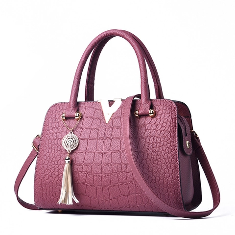 Sac À Main Femme Motif Crocodile Cuir PU Grande Capacité Sac À Épaule Bandoulière Avec Gland Décor V-Métal Élégant
