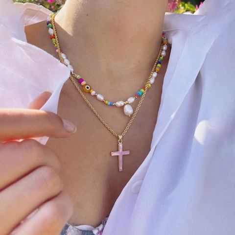 Collana di Perle d'Acqua Dolce Bohémien per Donna Perline di Vetro Colorate Ciondolo Occhio del Male Gioielli Fatti a Mano