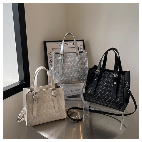Woven PU Leather Tote Bag Women Small Square Handbag With Adjustable Shoulder Strap Minimalist Office Shoulder Bag